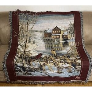 Winter Scene Throw Blanket Cardinals Water Wheel House 57"×51" Tapestry Sam Timm